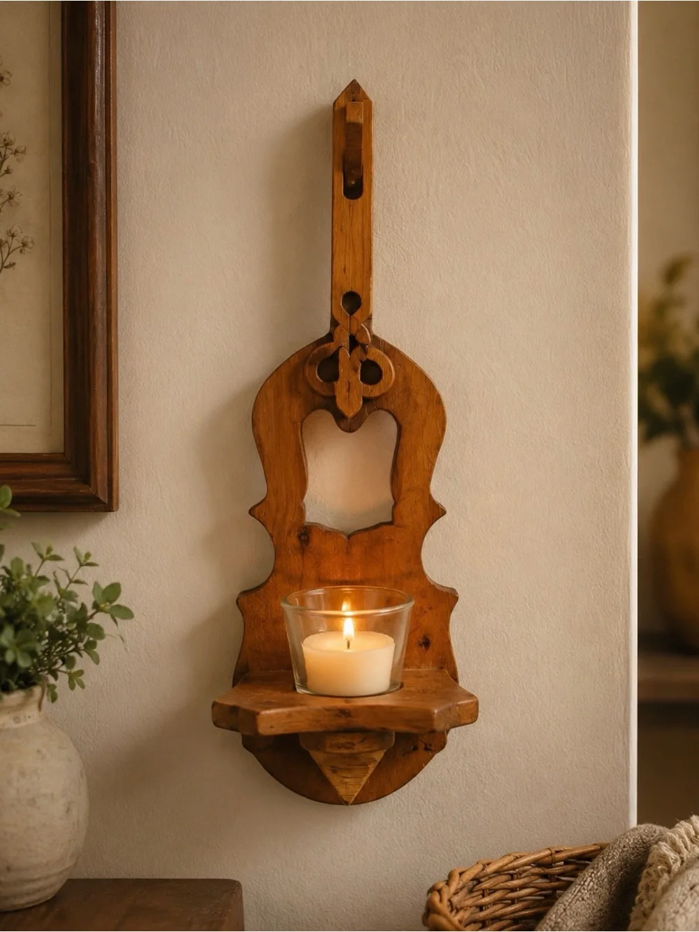 Vintage Wooden Wall Candle Sconce w/ Glass Votive Holder | 25” Hand-Carved